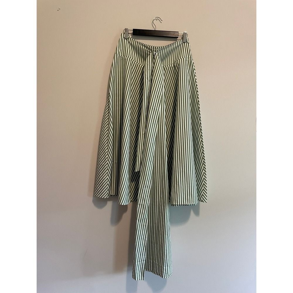 Micas Women Green‎ White Striped Midi Flare Skirt High Waist Tie M